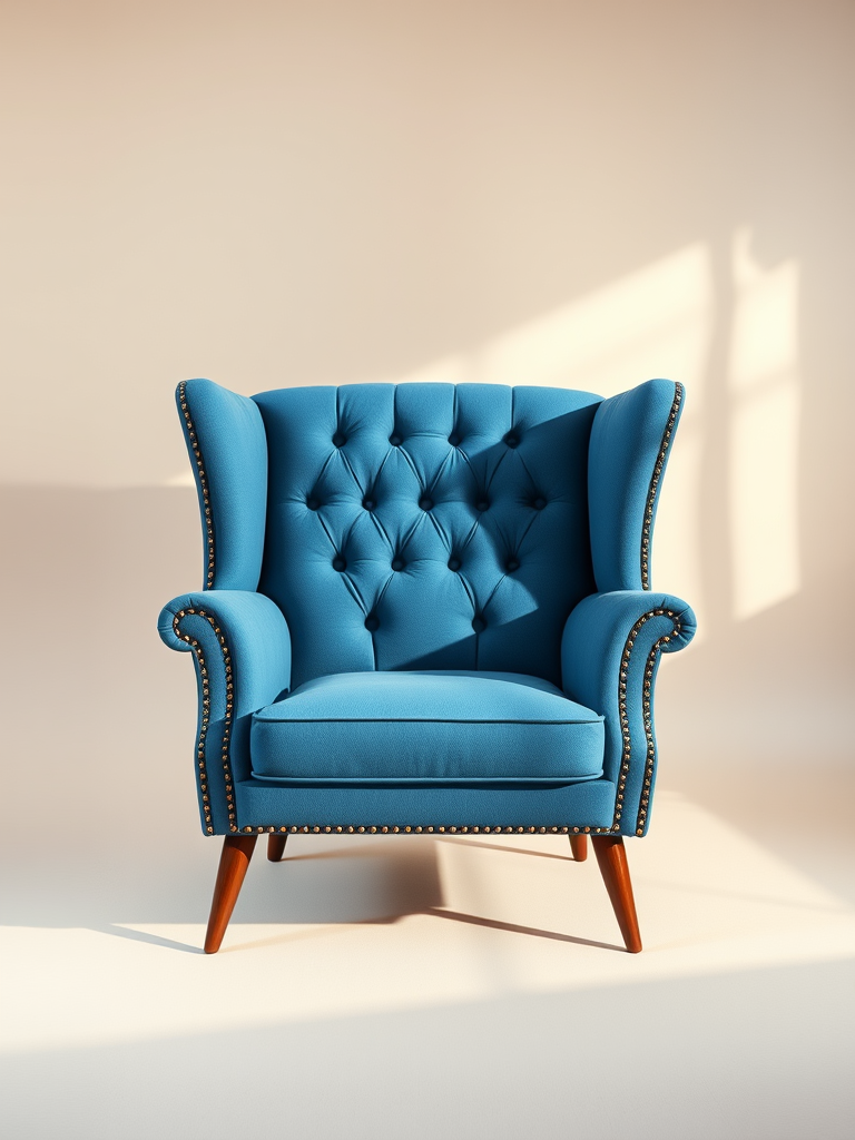 A stylish blue tufted armchair positioned centrally on a neutral background, captured with a 50mm lens, aperture of f/2.8, ISO 100, in soft natural light, using a DSLR camera in portrait mode.