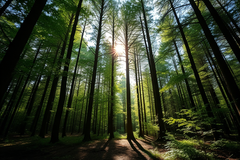 Create a high-resolution image of a serene forest with sunlight filtering through the trees, shot with a Canon EOS R5 at f/2.8, ISO 100, shutter speed 1/125s, using a wide-angle lens from a low angle to enhance depth and detail.