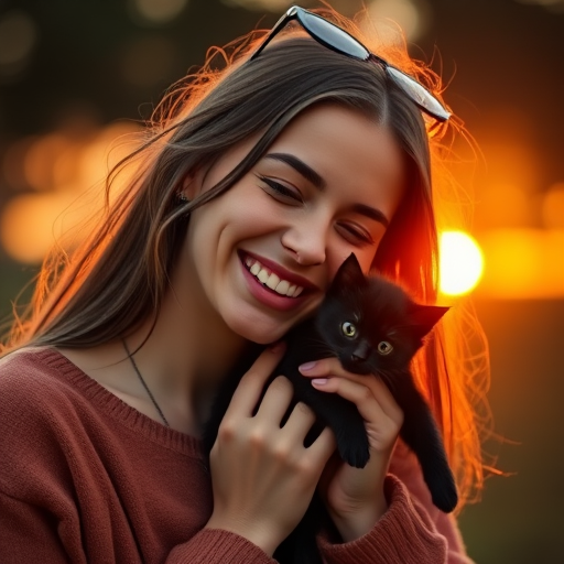 Capture a warm sunset portrait of a young woman joyfully holding a small black kitten, with soft bokeh in the background, using a Canon EOS 5D Mark IV, 50mm f/1.8 lens, aperture f/2.8, shutter speed 1/200 sec, ISO 100, natural lighting for enhanced image quality.