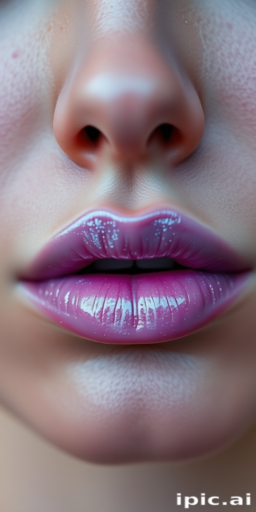Ethereal woman lips enhanced with pearlescent lavender gloss, full face capture evoking mystical aura and otherworldly beauty