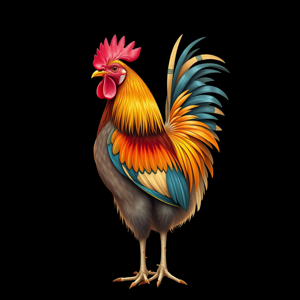 Generate a highly detailed illustration of a colorful rooster standing upright in red shoes, focusing on vibrant feathers and intricate textures, with a dark background for contrast, captured using a Canon EOS R5 at f/2.8, ISO 100, and a 50mm lens for sharpness and depth of field.
