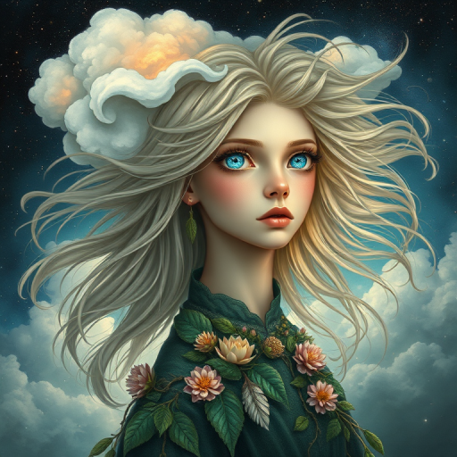 Create a series of imaginative portraits where each subject is infused with elements of fantasy and nature. The hair of the individuals should flow like clouds, varying from soft, fluffy cumulus to wispy cirrus strands, with hints of color reflecting a sunset or a clear blue sky. The eyes should be windows to entire galaxies, with stars, nebulae, and distant planets visible within them. Clothing should be adorned with nature motifs, such as floral patterns that bloom and change, vines that seem to grow and wrap around, or feathers that shimmer with iridescence. Each portrait should capture a unique personality, blending human features with the ethereal beauty of the natural and cosmic world. The backgrounds can vary, from starry night skies to enchanted forests, adding depth and context to the magical realism of the portraits