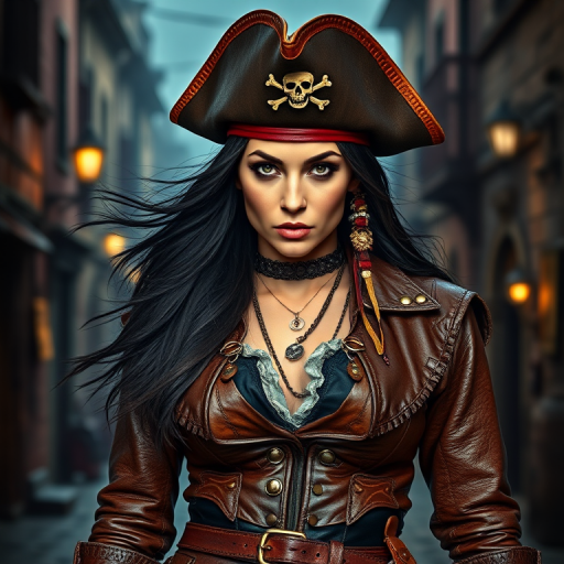 Create a portrait of a fierce female pirate. She wears a leather tricorn hat adorned with a skull and crossbones emblem, and her long, dark hair flows around her face. Her outfit consists of a richly detailed leather jacket, a corset, and multiple layers of belts and accessories, giving her a formidable and stylish appearance. She stands confidently in a dimly lit, historic port town, with a backdrop of weathered buildings and cobblestone streets, capturing the adventurous spirit of a pirate.