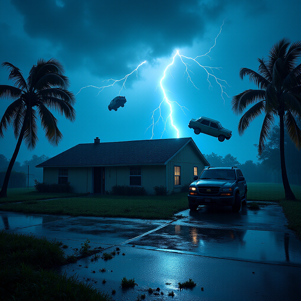 Hurricane Milton blows a roof off a home. Strong winds and rain blows sideways. Palm trees uprooted and bent over. Cars flying through the sky with debris. Sky is dark with thunder storms. Lightning strikes are fluorescent blue. Add text Hurricane Milton 2024