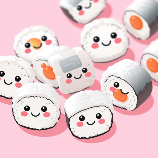 A cute illustration of sushi rolls with happy faces on a soft pink background, captured using a DSLR camera with a 50mm lens, f/2.8 aperture, ISO 100, and soft diffused lighting for enhanced vibrancy and detail.