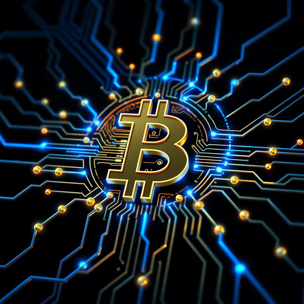 Imagine a Bitcoin symbol (₿) intricately designed as part of a futuristic, glowing circuit board. The ₿ is central, composed of metallic gold and silver lines, seamlessly blending into the web of circuits surrounding it. Blue and green LED-style lights trace through the circuits, making it look like Bitcoin is powering a digital network. The background is dark, with neon accents highlighting the tech vibe, symbolizing the digital and decentralized nature of Bitcoin