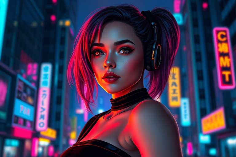 futuristic female character in a neon-lit cyberpunk cityscape, vibrant colors, high contrast, 85mm lens, f/1.8 aperture, ISO 100, shot at twilight, medium shot, photorealistic style, digital camera