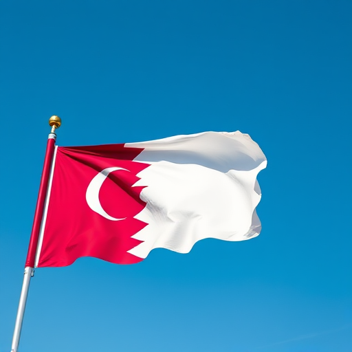 Create a high-resolution image of the Qatari flag with vibrant colors and sharp edges, shot with a Canon EOS R5 at f/8, ISO 100, 1/200s, the flag displayed prominently against a clear blue sky background, using a wide-angle lens for a dynamic effect.