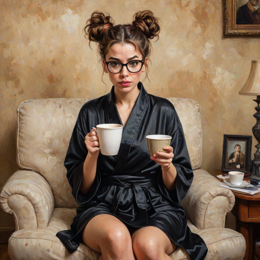 The words ‘Professional Overthinker’ (exact spelling) An exaggerated whimsical illustration of a cute silly lady with unruly messy brown bun and black glasses pouty lips and a thinking expression. Shes sitting on the couch, legs folded wearing a black silk robe, black fuzzy slippers. She’s holding her coffee cup and making a deep-in-thought face.  A quirky scruffy cat (dog) looking at her against a mottled, oil painting style soft background living room setting.