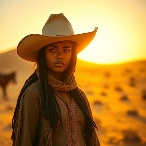 Dramatic photo of a beautiful Nubian woman, classic cowboy attire, confident and free spirit expression, half-length portrait, centered, golden hour desert landscape, warm, diffused light, low angle, medium format film camera, in style of Annie Leibovitz.