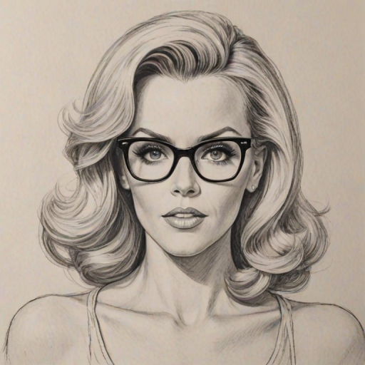 Fetching Jenny McCarthy, pencil sketch, portrait of Alluring woman 1951s in glasses, hair style beatnik, outline, clear lines, fine lines, 8k