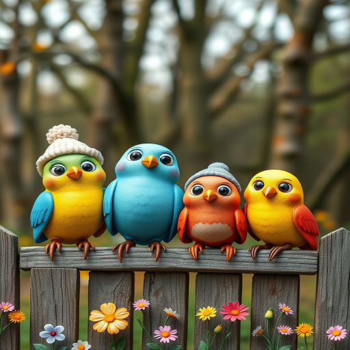 create a scene of 4 quirky  whimsical colourful comical birds each with a funny expression. they are sat on a wooden fence with colourful flowers. they are all different sizes. each one is a different colour  one is wearing a woolly hat. Each one has a different quirky google expression and there is a muted background of trees watercolour paintierly style high definition 8k resolution 3D paper mache