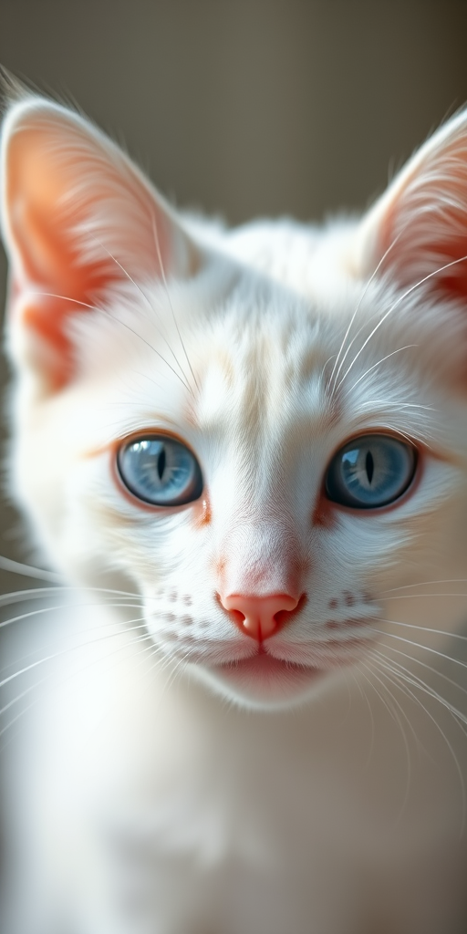 Capture a close-up of a white cat with blue eyes, soft bokeh background, 50mm lens, aperture f/1.8, ISO 100, shutter speed 1/250, natural sunlight.