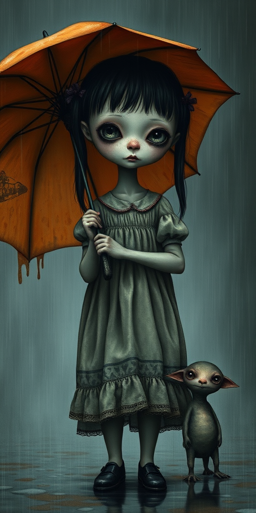 An eerie, weird little girl with dark hair in thin pigtails, wearing a smock dress, standing in the rain, holding a dirty orange umbrella, a small, odd creature beside her. In a surreal style inspired by Nicoletta Ceccoli and Brian Froud. Dark fantasy themes