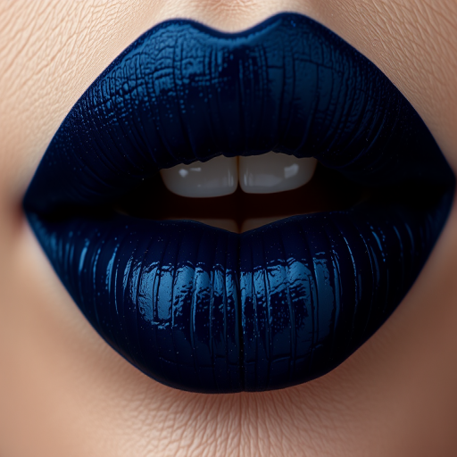 Sensual woman lips featuring a deep navy blue lipstick with subtle silver shimmer, mysterious and captivating, sharply defined and bold