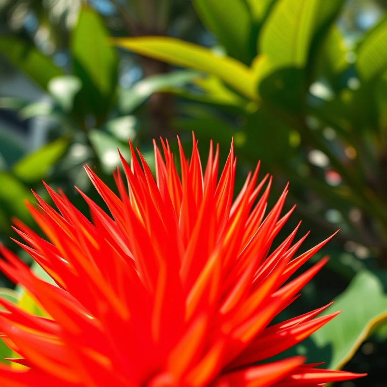 Capture a close-up of a vibrant, tropical landscape with a shallow depth of field, using a Canon EOS R5 with a 50mm f/1.2 lens, aperture set to f/2.8, ISO 200, and a focal length of 50mm, under natural lighting to enhance color saturation and detail.