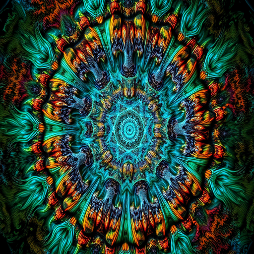 Regenerate a highly detailed fractal image featuring intricate patterns and vibrant colors, captured with a Canon EOS R5, ISO 100, f/8 aperture, 24mm lens, top-down view, HDR style.