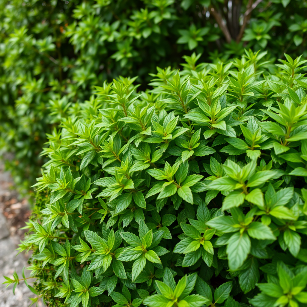 Regenerate a vibrant green bush with dense foliage, shot with a DSLR camera at f/4, ISO 100, 1/200s, using a 50mm lens from a slightly elevated angle in natural light to enhance details and textures.