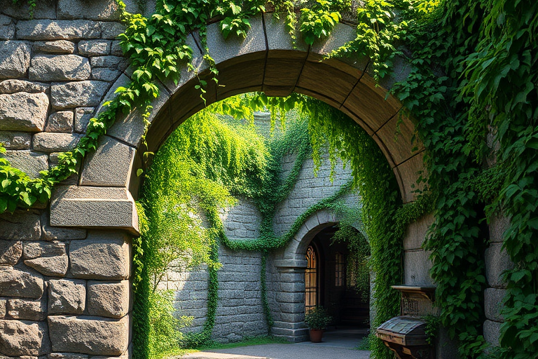 Create a highly detailed 3D rendering of an ancient stone archway overgrown with lush green vines, photographed with a Canon EOS R5 at f/1.8, ISO 100, 50mm lens, soft natural lighting, shallow depth of field, and a slightly elevated angle for dramatic effect.