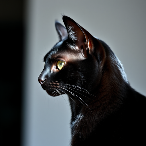 a detailed close-up of a sleek black silhouette of a modern cat against a minimalist background, captured with a Canon EOS R5, 85mm lens, aperture f/1.8, ISO 100, natural lighting, shallow depth of field, focus on the cat's contours, soft bokeh background