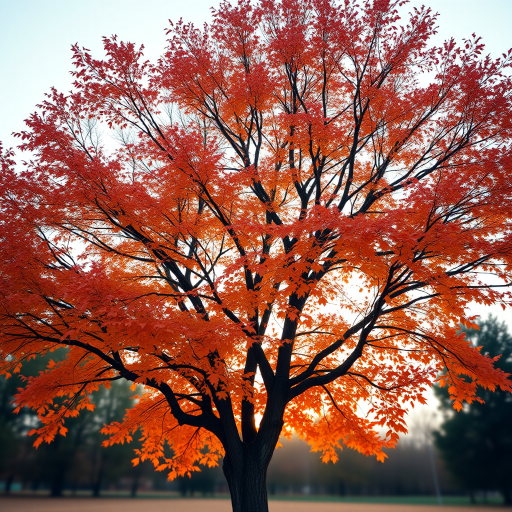 Create a highly detailed digital artwork of an autumn tree with vibrant orange leaves, using a DSLR camera with a 50mm lens at f/2.8, ISO 100, and a shallow depth of field for a blurred background, capturing the tree from a low angle to emphasize its height and majesty against a soft sunset backdrop.