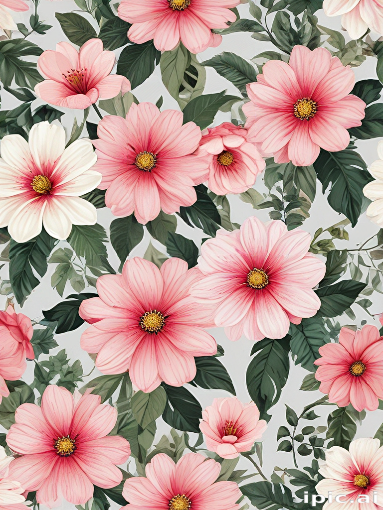 Vibrant Floral Pattern Featuring Pink and White Flowers with Green Leaves