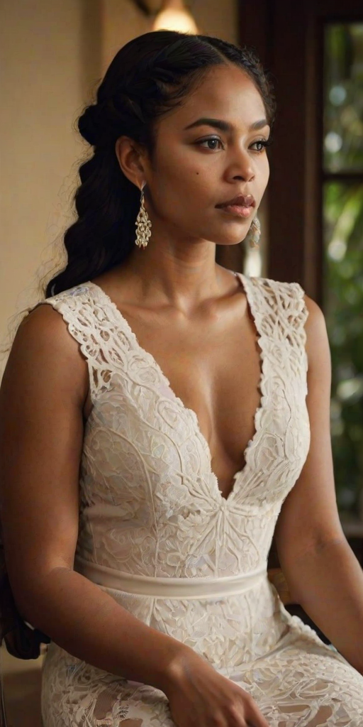 Create a portrait of a refined and elegant Fijian woman seated in a sophisticated setting. She has long, wavy hair styled in two thick braids that are pulled over her shoulders. She wears a white, lace gown with intricate patterns, featuring a deep V-neckline and short sleeves. The dress exudes a vintage charm with its delicate lacework. She is adorned with ornate, dangling earrings that add a touch of glamour to her appearance. The background is softly lit, with warm, ambient lighting that creates a cozy and inviting atmosphere. Her expression is poised and serene, capturing a sense of grace and elegance.