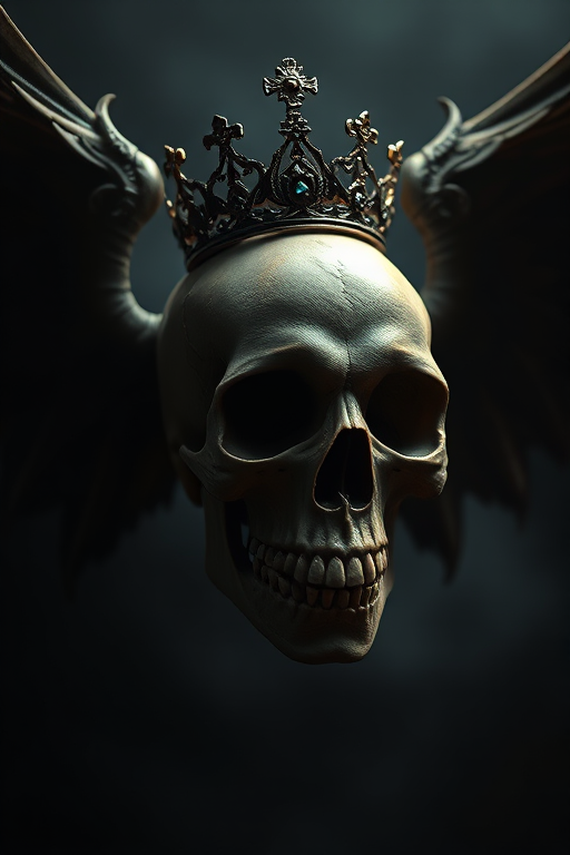 Create a dark fantasy digital art piece featuring a detailed skull with ornate wings and a crown, using a Canon EOS R5 with a 50mm lens at f/1.8, ISO 100, 1/250s, shot in a low-light setting with dramatic lighting to enhance shadows and highlights for a high-contrast effect.