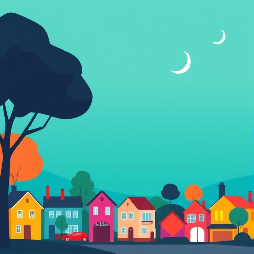 Create a minimalistic illustration of a colorful neighborhood with various stylized houses, incorporating oversized trees and abstract shapes under a teal sky with crescent moons, using a digital painting technique, shot from an eye-level perspective with a focus on vibrant colors and smooth gradients, settings: aperture f/8, shutter speed 1/125s, ISO 100, with a wide-angle lens.