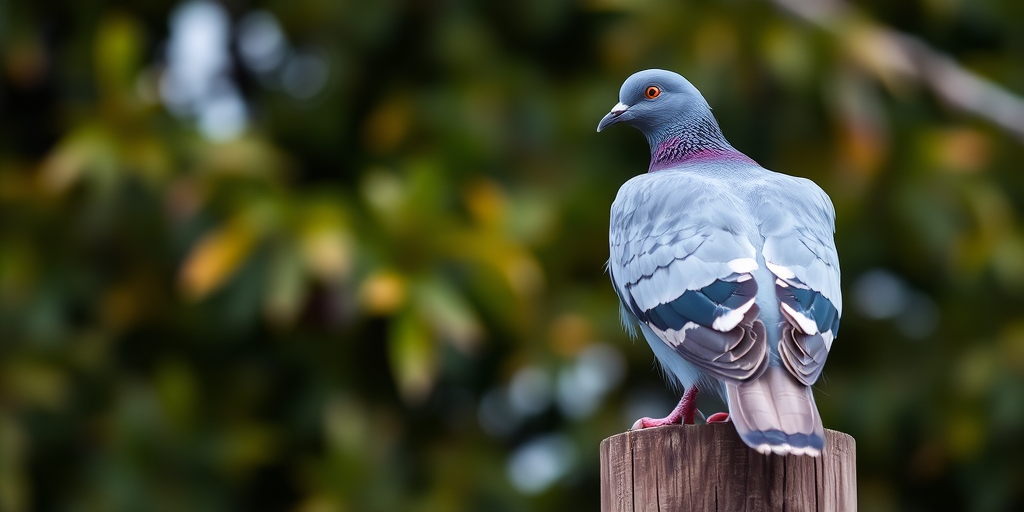 A detailed close-up of a pigeon perched on a wooden post, captured with a DSLR camera, 50mm lens, aperture f/2.8, ISO 200, natural lighting, and a shallow depth of field to blur the background foliage.