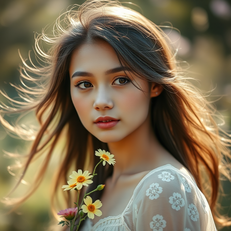 portrait of a young woman with flowing hair and flowers in a soft, ethereal setting, natural lighting, shallow depth of field, aperture f/1.8, 85mm lens, ISO 100, soft bokeh background