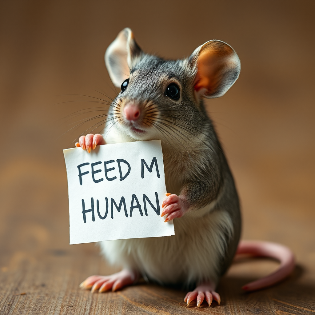 mouse holding a note which says "FEED ME HUMAN"