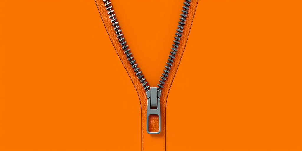 Create a highly detailed, vector-style illustration of a zipper on a vibrant orange background, camera settings: f/5.6, ISO 100, 1/200 sec, camera view: top-down, camera style: minimalistic, camera type: digital.