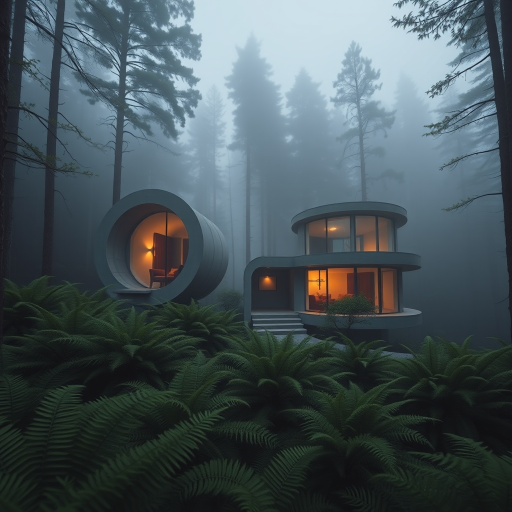 a modern concrete house set in a lush foggy forest, featuring circular structures with large glass windows, surrounded by ferns and trees, shot with a Canon EOS R5, 35mm lens, f/2.8, ISO 200, soft focus background for depth, twilight lighting for a magical atmosphere