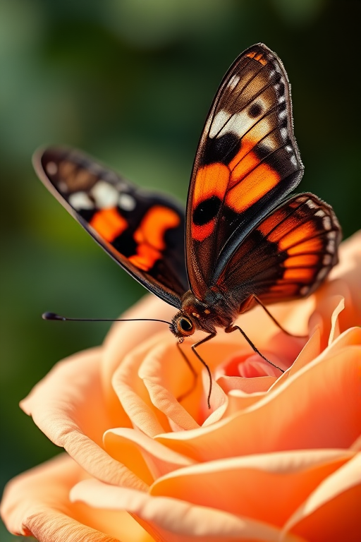 Close-up shot of a vibrant butterfly perched on a blooming peach rose, with a soft focus background, using a DSLR camera with a 60mm macro lens, aperture f/2.8 for depth of field, ISO 100, and a shutter speed of 1/200s, captured in natural light to enhance colors and details.
