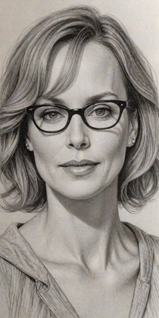 Captivating Melora Hardin, pencil sketch, portrait of Splendid woman 1923s in glasses, hair style beatnik, outline, clear lines, fine lines, 8k
