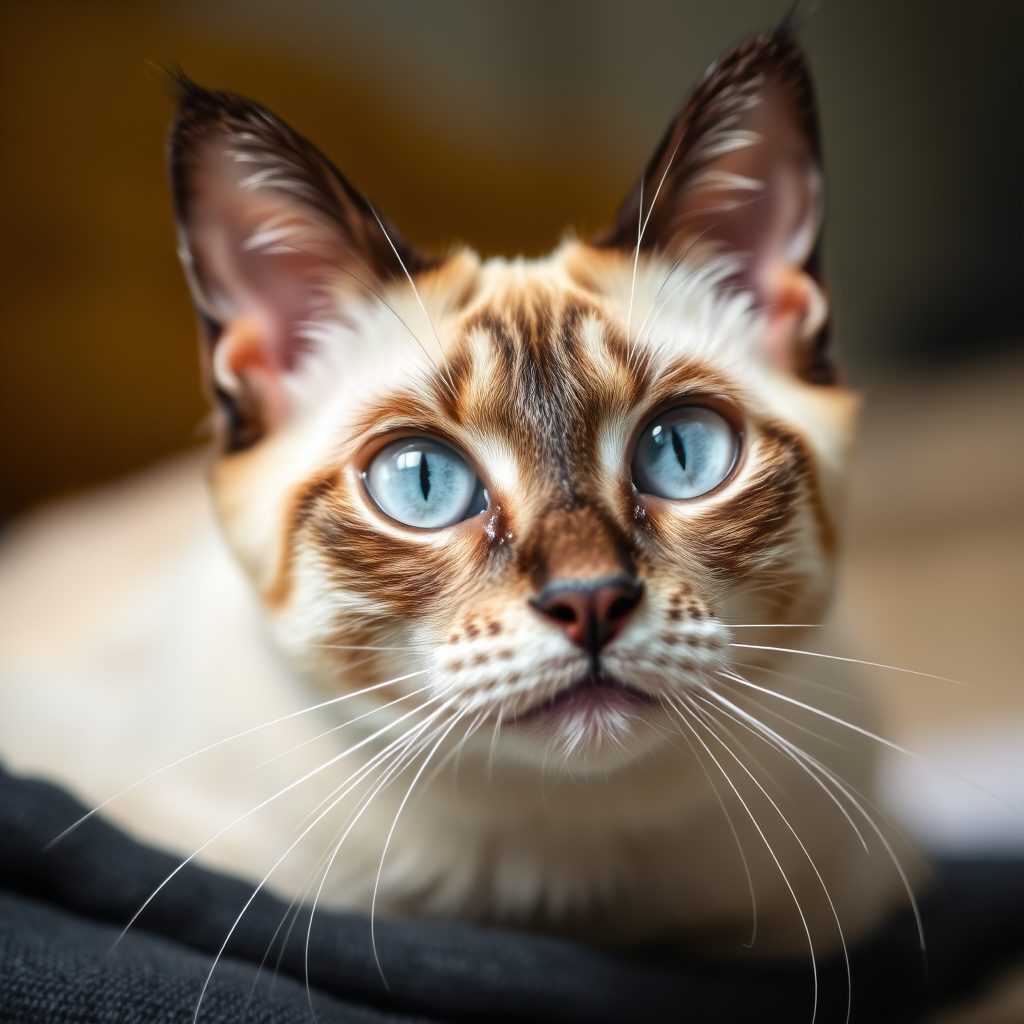 Capture a close-up shot of a Siamese cat with striking blue eyes and wet fur, using a DSLR camera with an aperture of f/2.8, ISO 100, and a focal length of 50mm, in soft natural light, with a shallow depth of field to enhance the background blur.
