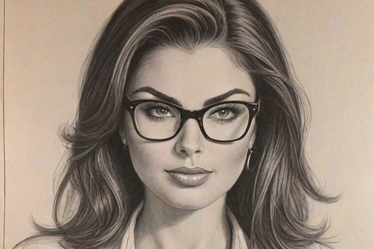 Gorgeous Nadia Bjorlin, pencil sketch, portrait of Enticing woman 1953s in glasses, hair style beatnik, outline, clear lines, fine lines, 8k