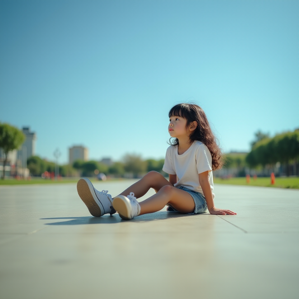 Generate an ultra-realistic, highly detailed, high-definition photograph. It's a photo of a girl sitting on the floor. She's looking at the horizon. The photo is taken from the bottom up, at ground level. The girl's sneakers are in the foreground, in the center of the scene. The girl is wearing light clothes, a t-shirt and short shorts. The sky is blue. Bright environment. The background is a blurred image of a park.