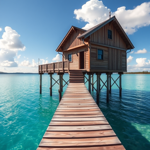 Create an image of a wooden house on stilts over a clear blue lake with a long wooden walkway leading to it, under a bright sunny sky with fluffy white clouds, using a DSLR camera with a 24mm lens, aperture f/8, ISO 100, and a wide-angle view for enhanced clarity and detail.