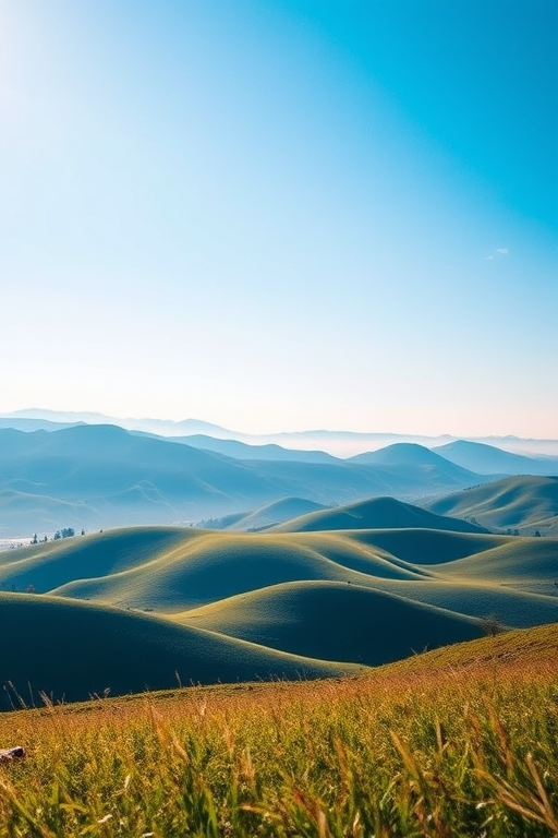 Generate an image of a serene landscape with rolling hills and a clear blue sky, taken with a Canon EOS R5 at f/8, ISO 100, and a shutter speed of 1/250 sec, from a low angle view to capture depth, with a vibrant color palette and high dynamic range.