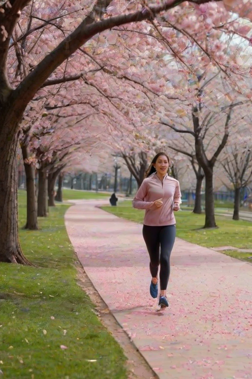 Bustling city park in spring, cherry blossoms in full bloom, a woman jogs along a winding path, the pink petals falling around her as she moves.