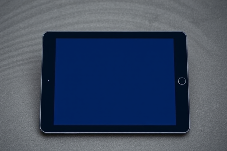 Create an image of a sleek black tablet with a completely blank screen, viewed from a slightly elevated angle, using a DSLR camera with a 50mm lens, f/1.8 aperture, ISO 100, and natural lighting to enhance details and contrast.