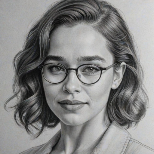Enchanting Emilia Clarke, pencil sketch, portrait of Delightful woman 1942s in glasses, hair style beatnik, outline, clear lines, fine lines, 8k
