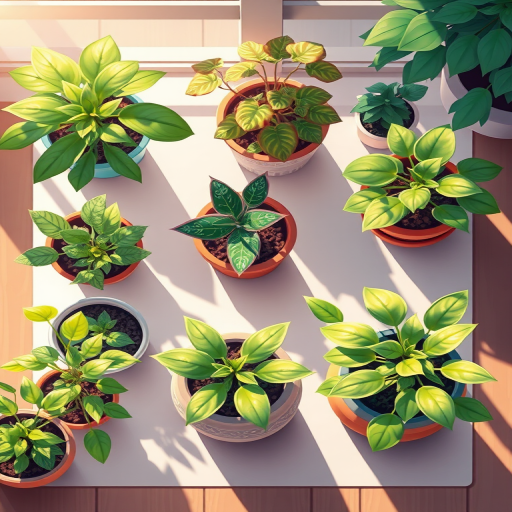 Create a vibrant illustration of various houseplants in decorative pots, using a top-down view with soft natural lighting, a DSLR camera at f/2.8 aperture, 85mm lens, and a shallow depth of field to enhance details and colors.