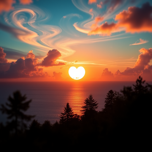 Create a surreal landscape image featuring a glowing heart-shaped sun setting over a serene ocean, surrounded by colorful swirling clouds and silhouettes of trees, with a cinematic depth of field, using a full-frame DSLR camera, f/2.8 aperture, ISO 100, 24mm lens, and a warm color palette.
