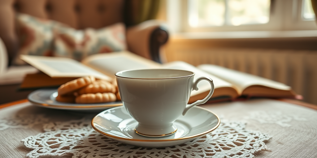 Close-up of a delicate teacup on a lace doily, soft afternoon light streaming through the window, with a plate of cookies and a well-worn book scattered on a cozy armchair in the background.