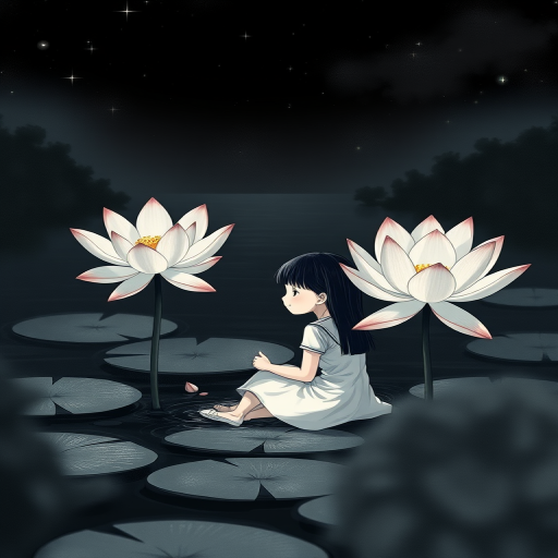 Illustration of a young girl sitting beside a large lotus flower in a serene pond at night, soft focus effect, 35mm lens, aperture f/2.8, ISO 400, 1/60s shutter speed, monochrome style.