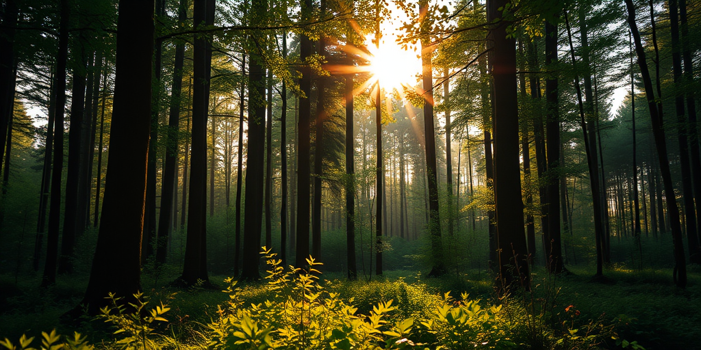 Create a high-quality image of a serene forest landscape during golden hour with soft sunlight filtering through the trees, using a Canon EOS R5, 50mm f/1.2 lens, ISO 100, aperture f/4, shutter speed 1/125s, shot from a low angle to emphasize the lush greenery.