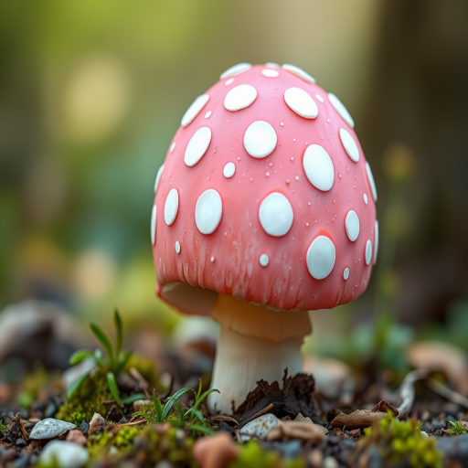 Generate a cartoon-style image of a pink mushroom with white spots, using a DSLR camera with a focal length of 50mm, aperture set to f/2.8, ISO 100, in natural lighting, with a soft focus background for enhanced detail.
